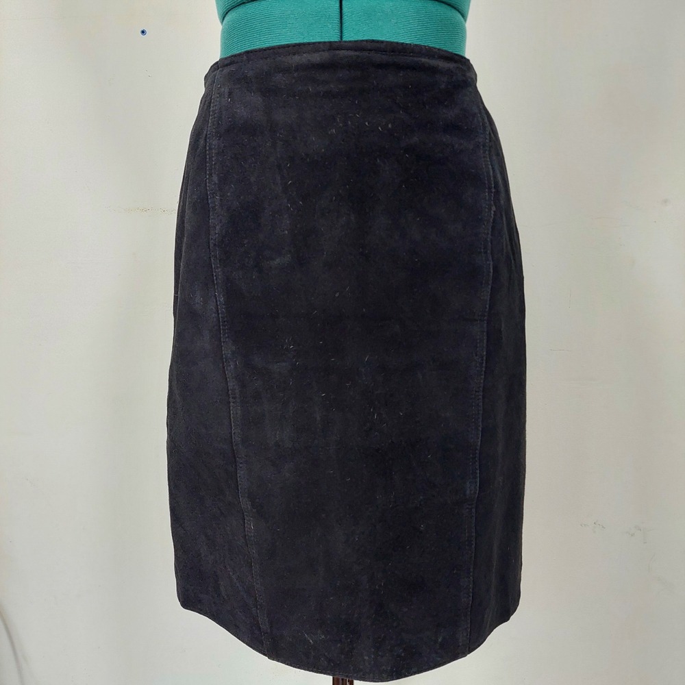 Brandon Thomas Vintage Black Suede Leather Pencil Skirt Size 11/12 Midi Paneled